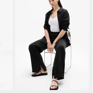 Athleta Retreat 100% Linen High Rise Wide Leg Pant Black Size L Pockets Slits